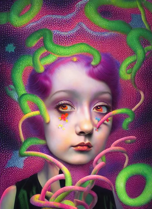 Image similar to hyper detailed 3d render like a Oil painting - kawaii portrait Aurora (black haired Fae acrobat) seen Eating of the Strangling network of yellowcake aerochrome and milky Fruit and Her delicate Hands hold of gossamer polyp blossoms bring iridescent fungal flowers whose spores black the foolish stars by Jacek Yerka, Mariusz Lewandowski, Houdini algorithmic generative render, Abstract brush strokes, Masterpiece, Edward Hopper and James Gilleard, Zdzislaw Beksinski, Mark Ryden, Wolfgang Lettl, hints of Yayoi Kasuma, octane render, 8k