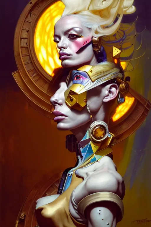 Image similar to portrait of isabelledeltore, patchwork doll, cyberpunk, elegant baroque, asymmetrical art, hyperrealism, colorful, vivid, imposing, epic, abstract texture, gold leaf texture, artstation, concept art, by peter mohrbacher and wlop and rhads and artgerm and magali villeneuve and alphonse mucha