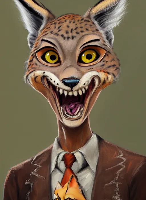 Image similar to oil painting of anthromorphic female lynx damaged zombie, in style of zootopia, female fursona, furry, furaffinity, 4 k, deviantart, furry art, fursona art, wearing black business suit, business suit, lynx fursona, female, very expressive detailed feminine face,