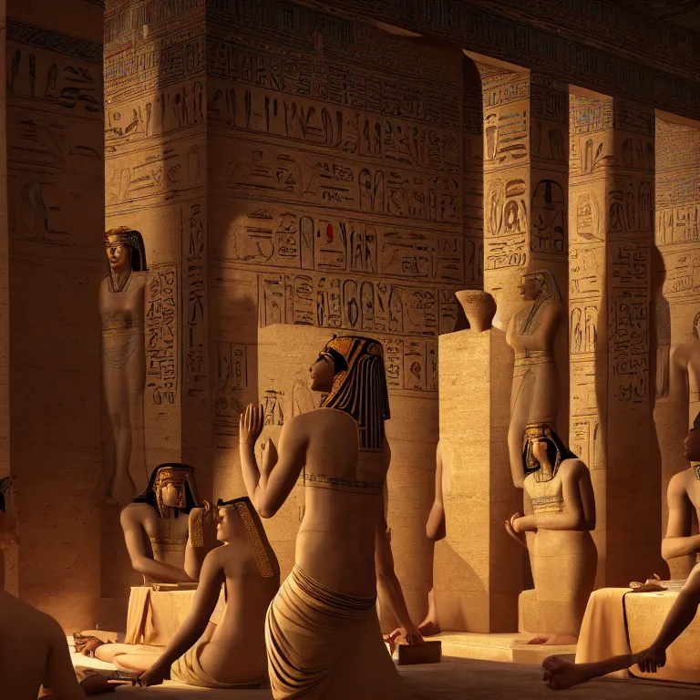 Image similar to ancient egyptians worshiping the pharaoh, dream-like atmosphere, symmetrical baroque painting, perfect composition, beautiful detailed intricate insanely detailed octane render trending on Artstation, 8K artistic photography, photorealistic, soft natural volumetric cinematic perfect light, chiaroscuro, award-winning photograph, masterpiece, Raphael, Caravaggio, Greg Rutkowski, Beeple