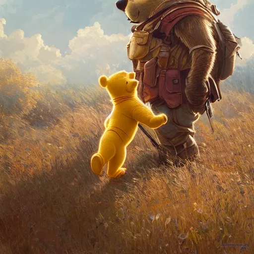 Image similar to Winnie the Pooh, battle-worn, highly detailed, digital painting, artstation, concept art, sharp focus, illustration, art by artgerm and greg rutkowski and alphonse mucha,