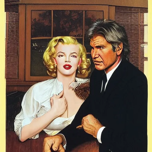 Prompt: a beautiful portrait of Harrison ford and his secretary Marilyn Monroe with long golden blond curly hair gazing warmly at the viewer, golden hour, cool tones, pale skin, by J.C Leyendecker and Norman Rockwell