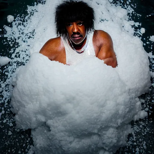 Image similar to rick james emerging from a pool of cocaine ( sony a 7 r iv, symmetric balance, polarizing filter, photolab, lightroom, 4 k, dolby vision, photography awardm, voque, perfect face )