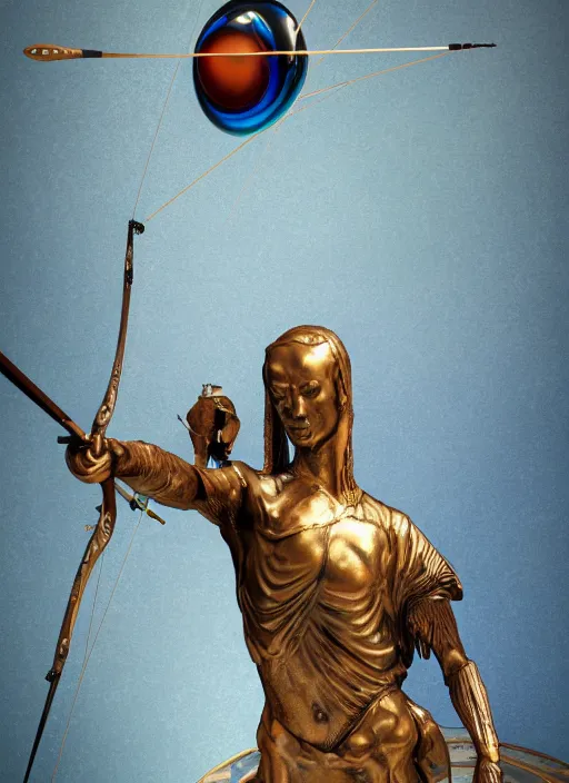 Prompt: An epic fantastic realism comic book style painting of a bronze archery sculpture from the future by Stanislaw Szukalski, gilded colorful marbled paper background, winged archer, perfect shiny iridescent silver spheres, fisheye lens, unreal 5, DAZ, hyperrealistic, octane render, dynamic lighting