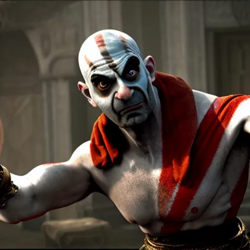 Prompt: mr. bean as kratos from god of war. movie still. cinematic lighting.