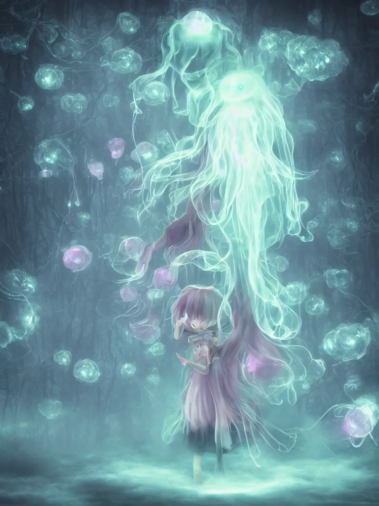 Image similar to cute fumo plush smiling ectoplasmic gothic jellyfish ghost girl dancing over mysterious waters, anime, reflective moonlit river in the midst of a forgotten forest, glowing pink wisps of hazy green smoke and eerie blue volumetric fog swirling, glowing lens flare, black and white, refraction, vray