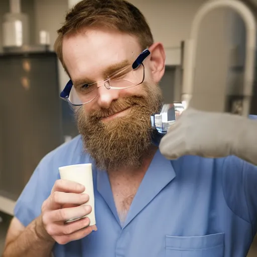 Image similar to white male with a short beard wearing a lab coat and drinking from a flask in a laboratory