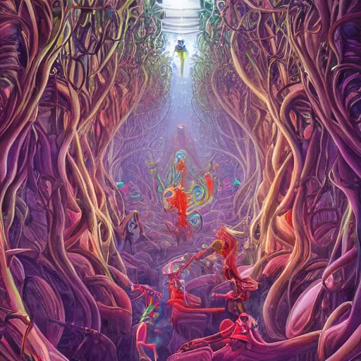 Image similar to dmt-machine-elves by artist-Nathan-Spoor, crawling across the circus floor, climbing up the winding trees