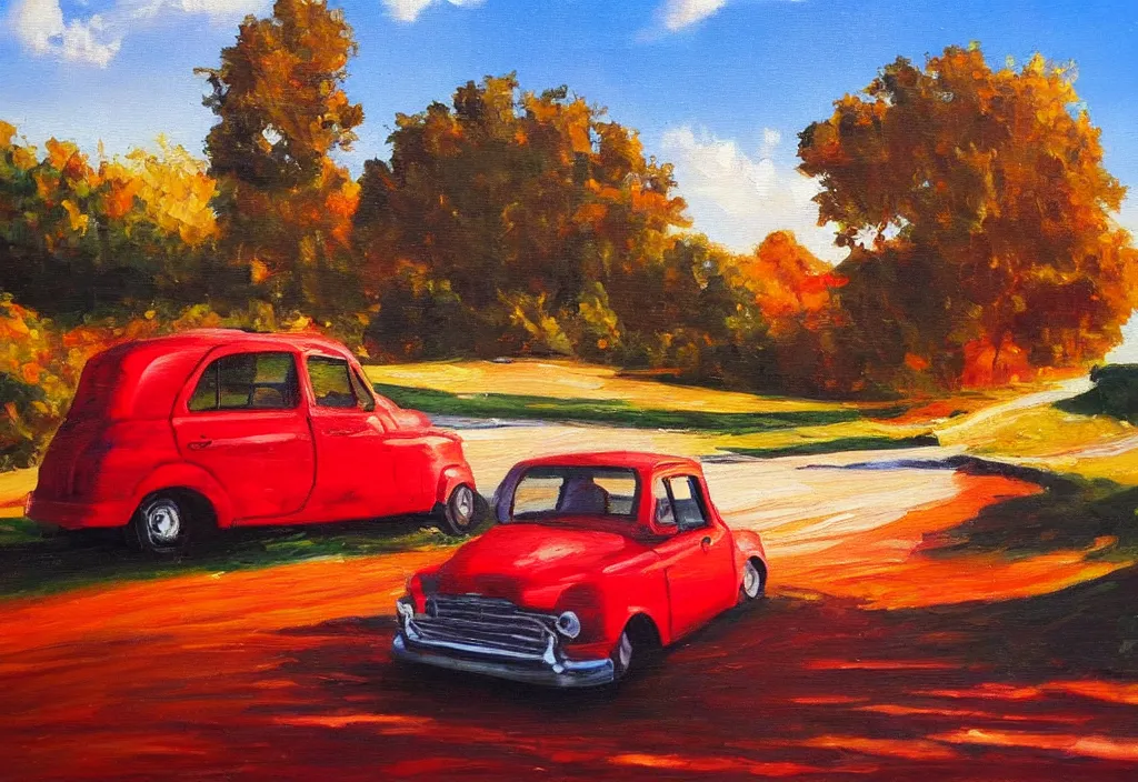 Prompt: red car, driving, golden hour, brush strokes, peaceful, oil painting