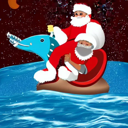 Image similar to santa riding a dolphine with a spacesuit on