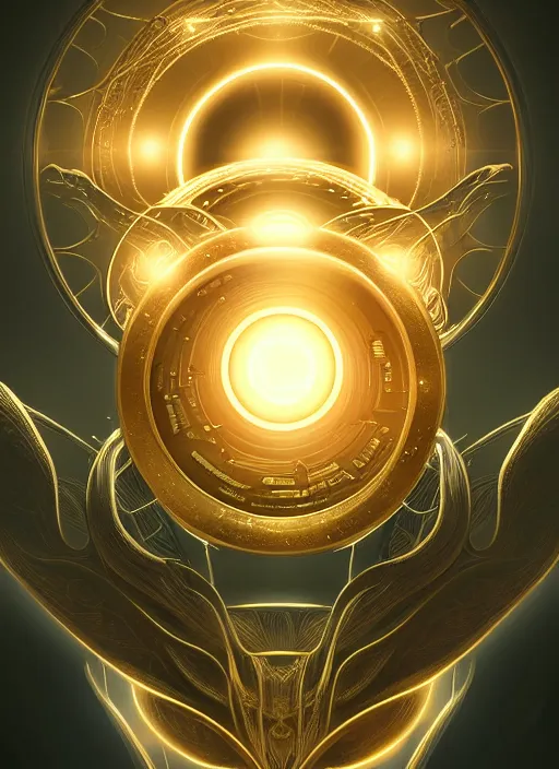 Prompt: symmetry!! product render poster gold coin scifi, glowing fog intricate, elegant, highly detailed, digital painting, artstation, concept art, smooth, sharp focus, illustration, art by artgerm, creature looking up with glowing eye
