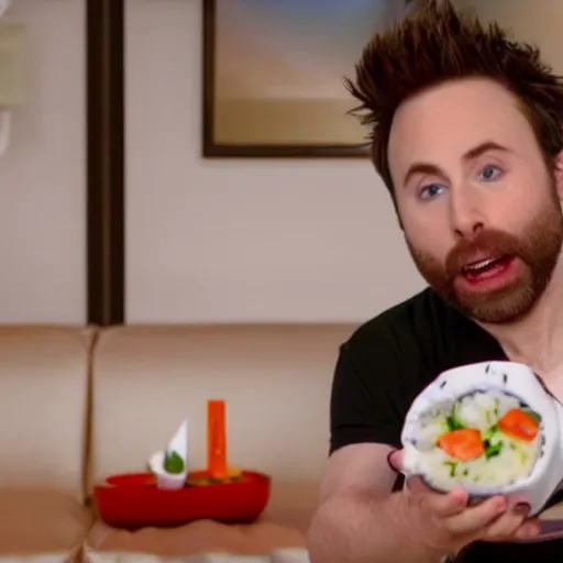 Image similar to Charlie Day eating sushi out of a white toilet bowl with chopsticks, 8k, photo realistic