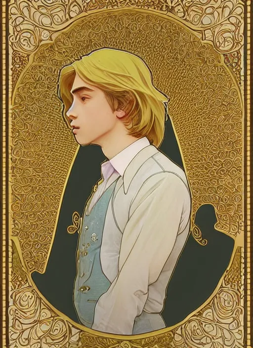 Image similar to pretty young man with shoulder length shiny shimmering golden blond hair, half body shot, emotional, decorative flower patterned background, path traced, highly detailed, high quality, digital painting, by studio ghibli and alphonse mucha, leesha hannigan, hidari, disney, jules bastien - lepage