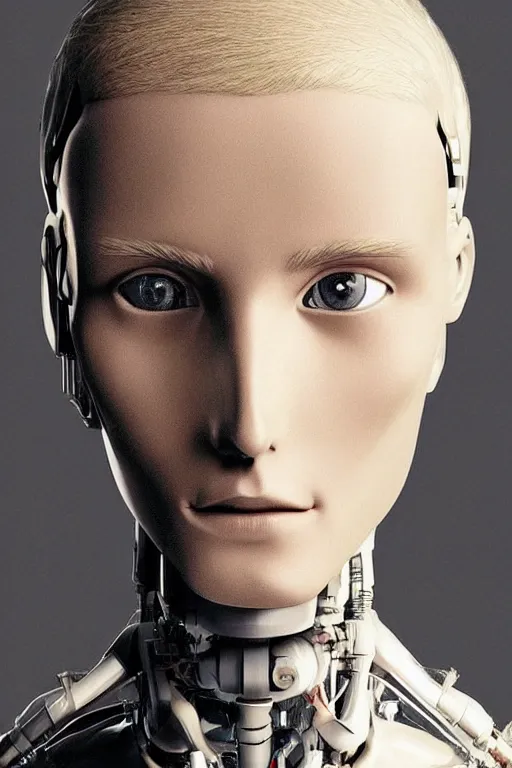 Image similar to robot with human face, female head, full body angle, woman human face, human face realistic, beautiful blonde hair, human head, human head with blonde hair, blonde hair human head, blonde hair, human realistic face, human head skin, cyborg frame concept, cyborg by ales-kotnik, sci-fi android female, the body is made of wires, robotic body, cyborg body, cyborg bust body, robot body cyborg, full body
