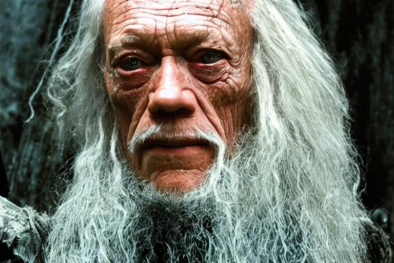 Prompt: lance henriksen as gandalf stood outside orthanc, style of h. r. giger, directed by david fincher, muted tones, detailed