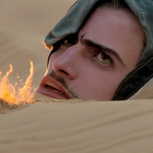 Prompt: Hayden Christensen in Attack of the Clones eating sand by scooping it up in his hands, close up, 4K photography, cinematographic