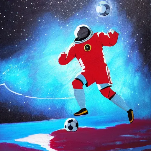 Image similar to a painting of an astronaut playing soccer in a cosmic scenic environment, soccer ball, beautiful, hyperdetailed, comic book style, trending on Artstation