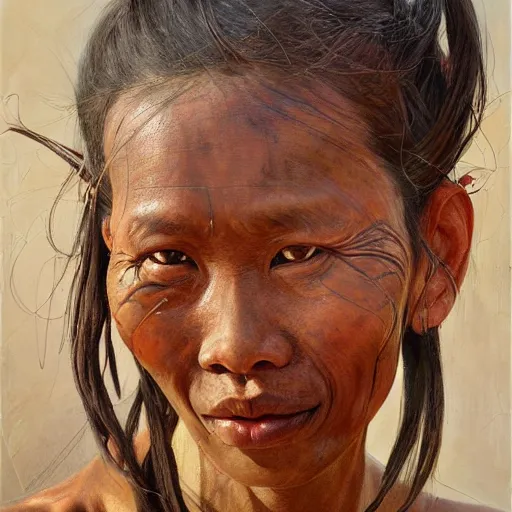 Image similar to high quality high detail painting by jenny saville, hd, a skinny beautiful kayan female tribe leader, hair in wind, photorealistic lighting