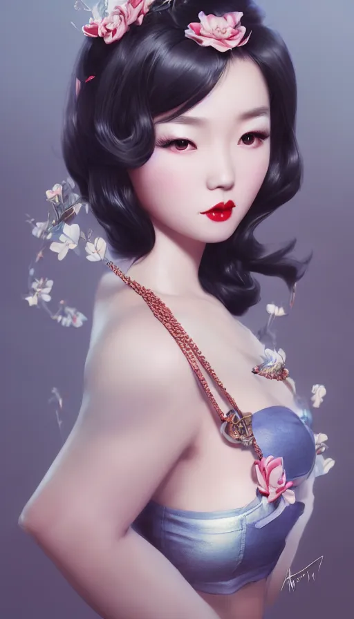 Image similar to a pin up and beautiful fashion and charming and dreamlke asian girl, lv jewelry, art by artgerm & jeehyung lee & wlop, hyperdetailed, 8 k realistic, symmetrical, frostbite 3 engine, cryengine, dof, trending on artstation, digital art