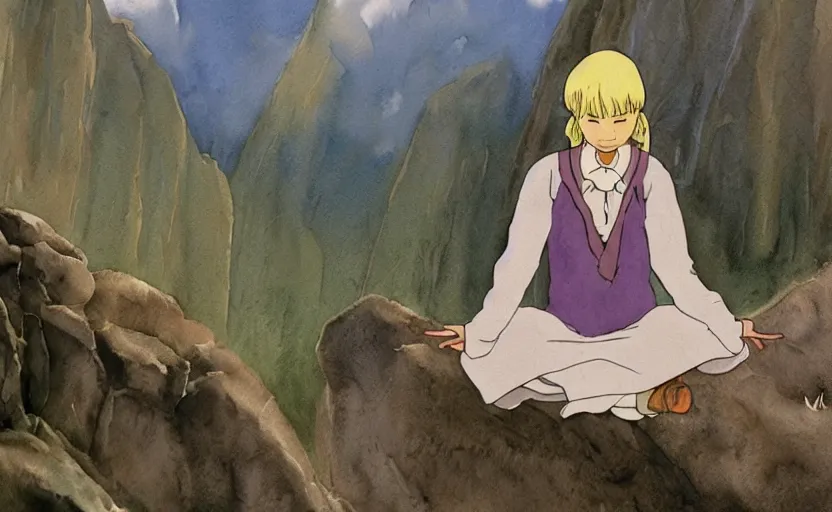 Image similar to a realistic and atmospheric watercolor from howl's moving castle ( 2 0 0 4 ) of a witch meditating in machu pichu. very dull muted colors, hd, 4 k, hq