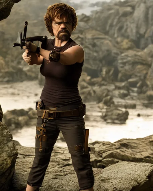 Image similar to peter dinklage as lara croft, golden hour, cinematic