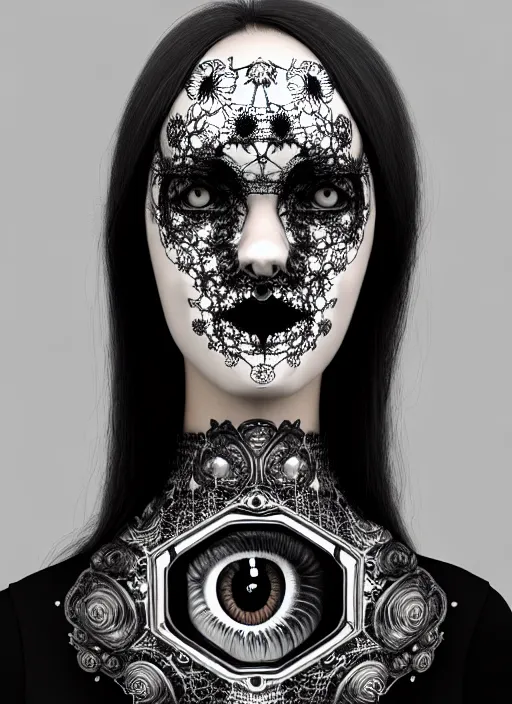 Image similar to black and white gothic masterpiece profile face portrait, one steampunk eye silver hexagonal meshes floral biomechanical beautiful young female cyborg - vampire, big monocular, volumetric light, hibiscus flowers, by hg giger, rim light, big gothic fashion pearl embroidered collar, 8 k