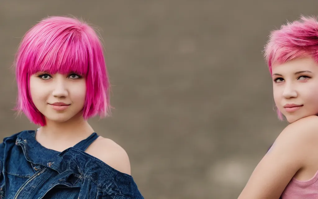 Image similar to A cute girl with short pink hair, posing for Portrait at a soccer stadium. 4K HD Wallpaper. Premium Prints Available