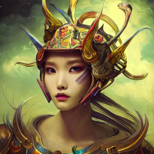 Prompt: studio portrait of lee ji - eun as colorful divine mech templar knight, absurdly beautiful, elegant, sexy, surreal detailed facial by peter mohrbacher, vincent van gogh, intricate lines, clear focus, vivid colors, matte, octopath voyager, final fantasy, unreal engine, global illumination, radiant light, during a blood moon