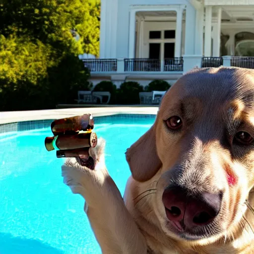 Image similar to a very detailed photo of a dog smoking a cigar outside the mansion by the pool