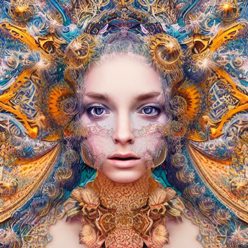 Image similar to wonderful princess of fractals and patterns, beautiful face, hyper detailed, background intricate and detailed, ornate 8 k gorgeous intricate detailed, octane render, psychedelic