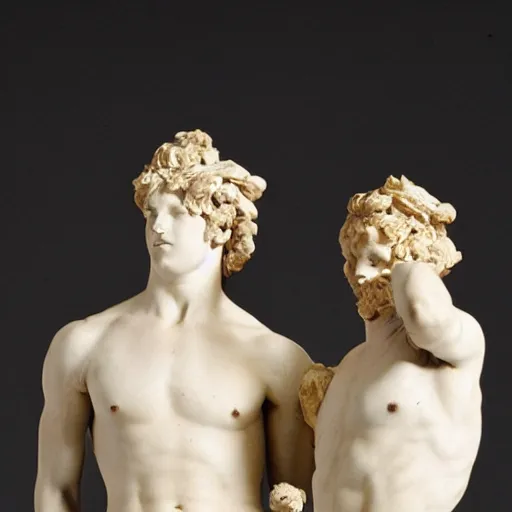 Prompt: corinthian marble statues, with bronze poos covering their private parts,