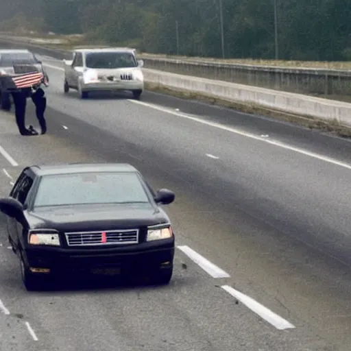 Prompt: photograph of donald trump smashing cars on the highway