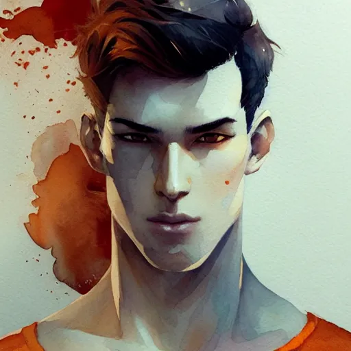 Prompt: young man, orange hair, short hair, elegant, intricate, slightly muscular, sharp focus, highly detailed, artstation, watercolor, by charlie bowater and ross tran