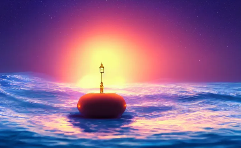 Image similar to a lamp's soft glow as it floats alone in the ocean at night, stars in the sky, concept art, anime scenery, 4k