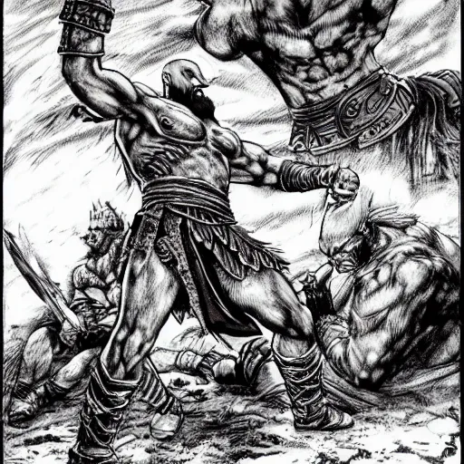 Image similar to god of war, kratos, fight scene still, manga, by kentaro miura