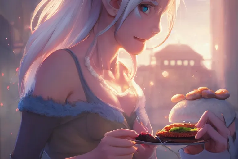 Image similar to adorable elf girl eating a burger, single subject, scenic full shot, ambient lighting, white hair, detailed face, by makoto shinkai, stanley artgerm lau, wlop, rossdraws