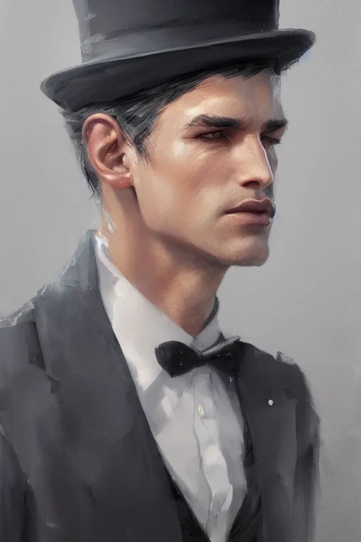 Image similar to a young man grey hair with stubble top hat and suit by Greg Rutkowski, painting, portrait, high details, trending on artstation