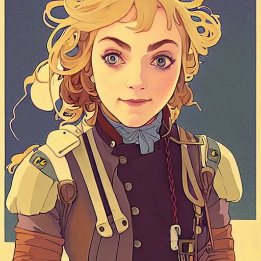 Prompt: Portrait of annasophia robb as an airship mechanic at her crammed workbench, steampunk, defined facial features, highly detailed, busy, artstation, official artbook, official Kyoto Animation and Studio Ghibli anime screenshot, by Ilya Kuvshinov and Alphonse Mucha