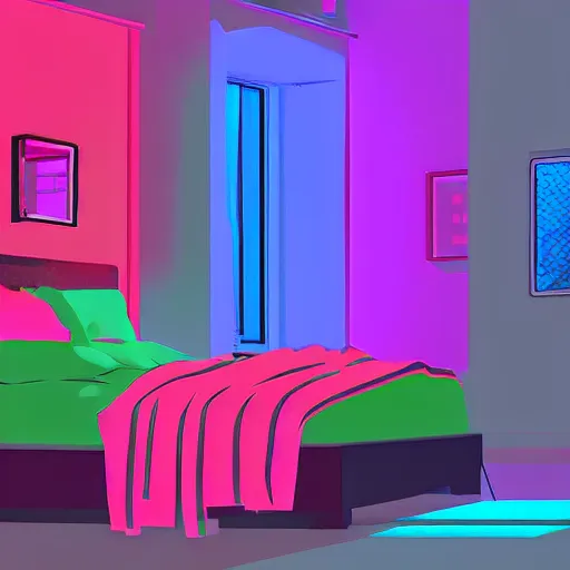 Prompt: a neon lofi bedroom, digital art