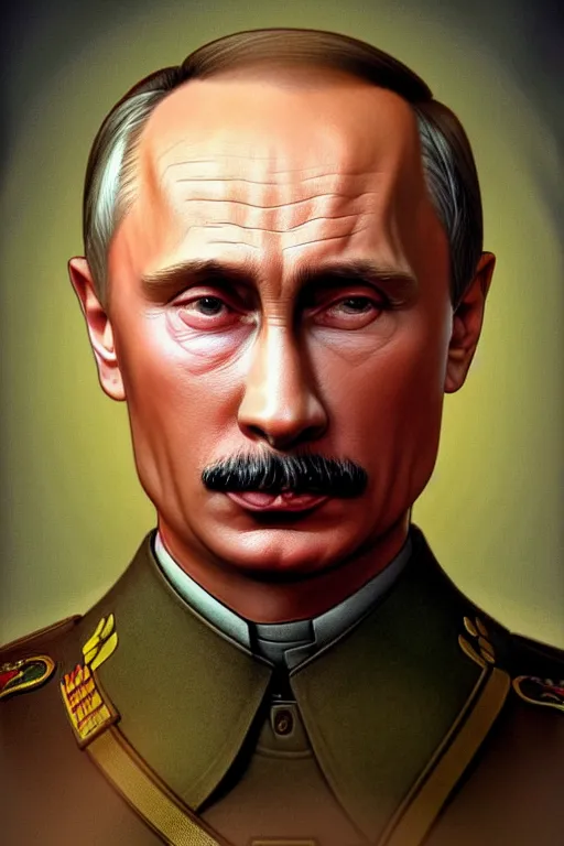 Image similar to vladimir putin as stalin, realistic portrait, symmetrical, highly detailed, digital painting, artstation, concept art, smooth, sharp focus, illustration, cinematic lighting, art by artgerm and greg rutkowski and alphonse mucha