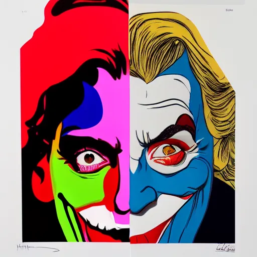 Image similar to richard hamilton and mimmo rottela as lady gaga harley queen and joaquin phoenix joker kissing, pop art, medium long shot, 2 color, random content position, object details, dynamic composition, 4 k, ultra realistic art, smooth, sharp focus, illustration, concept art, intricate details, h 7 6 8