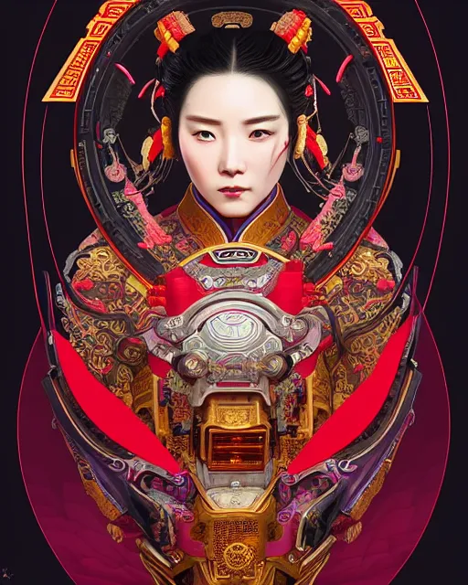 Image similar to portrait of a chinese cyberpunk machine, machine face, upper half portrait, decorated with chinese opera motifs, regal, asian, fine china, wuxia, traditional chinese art intricate intense elegant 京 剧 highly detailed digital painting artstation concept art smooth sharp focus illustration, art by artgerm and greg rutkowski alphonse mucha 8 k