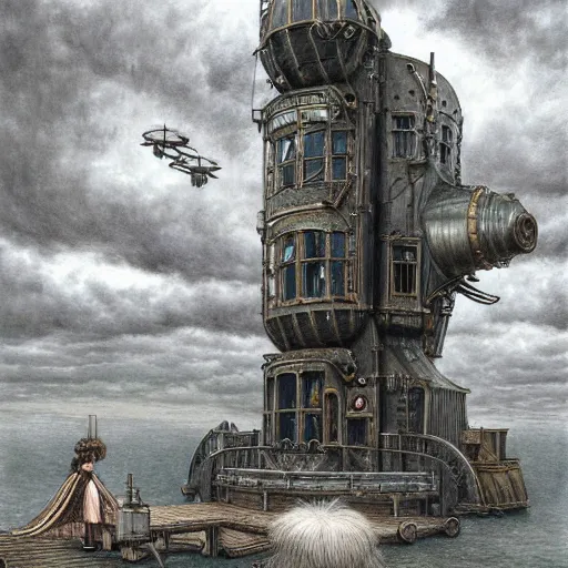 Image similar to a hyperrealistic painting of a beautiful female steampunk goddess, standing at an airship docking station, by john kenn mortensen, highly detailed,