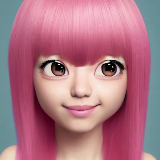 Image similar to A Selfie portrait of Nikki from Shining Nikki and Love, a cute 3d cgi toon young woman with long light pink hair, full bangs, hazel eyes, full face, light makeup, pale skin, Chinese heritage, cute outfit, medium shot, mid-shot, hyperdetailed, 8k, trending on artstation, as a Pixar character