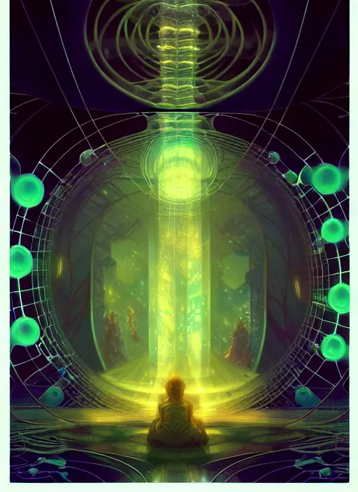 Prompt: high depth, inside fractals!! calm, healing, resting, life, hybrids, scifi, glowing lights!!, published concept art, mixed medias, image overlays, sharp focus, thin glowing wires, winning illustration, art by greg rutkowski and alphonse mucha, singularity!!!, 3 6 0 projection
