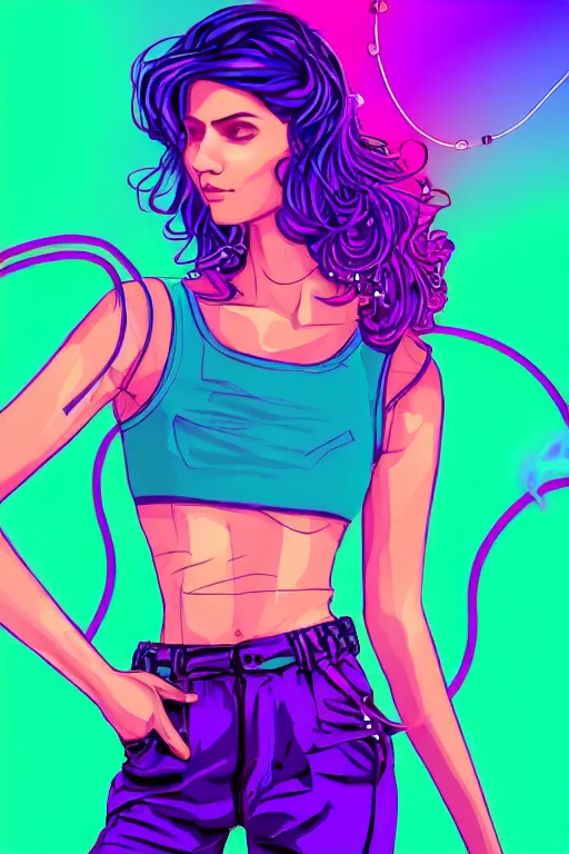 Image similar to a award winning half body portrait of a beautiful woman in a croptop and cargo pants with ombre purple pink teal hairstyle and hands in pockets by ari liloan, surrounded by whirling illuminated lines, outrun, vaporware, shaded flat illustration, digital art, trending on artstation, highly detailed, fine detail, intricate