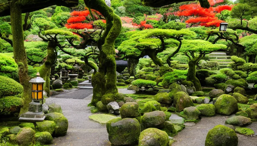 Image similar to A magical dreamy garden in front of a large temple in Kyoto Japan on a rainy day. Moss covered rocks, glowing lanterns, and flowers line a beautiful walking path leading to the temple in the center. Magic sparkles in the air, Style by Gucci and Wes Anderson,