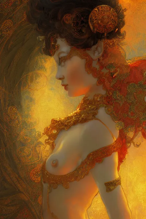 Image similar to tarot card artstation, portrait of a ravishing love dancer, sunrise, baroque ornament and rococo ornament, ancient chinese ornate, hyperdetailed, beautiful lighting, craig mullins, mucha, klimt, yoshitaka amano, depth, red and gold and orange color palette