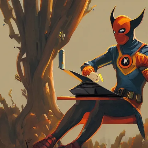 Image similar to a masked superhero wearing a costume sitting at the computer nervously clicking on the mouse in the style of peter mohrbacher