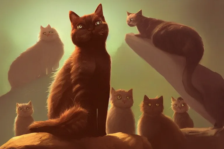 Prompt: cat standing on a rock in front of a crowd of cats, backlighting, digital art, trending on artstation, fanart